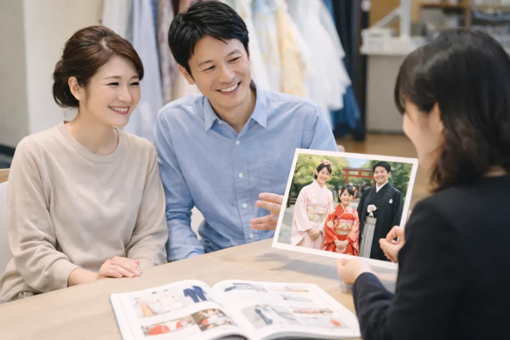 七五三の家族写真で服装バランスを相談している様子