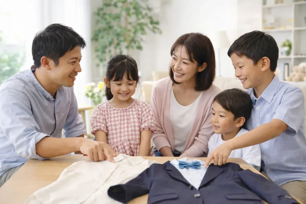 七五三の準備を前に兄弟の服装について家族で相談している様子