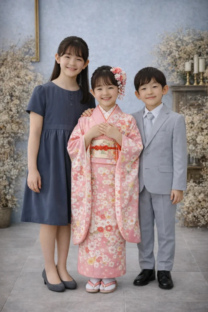 七五三で男女の兄弟姉妹がバランスよく並ぶ写真
