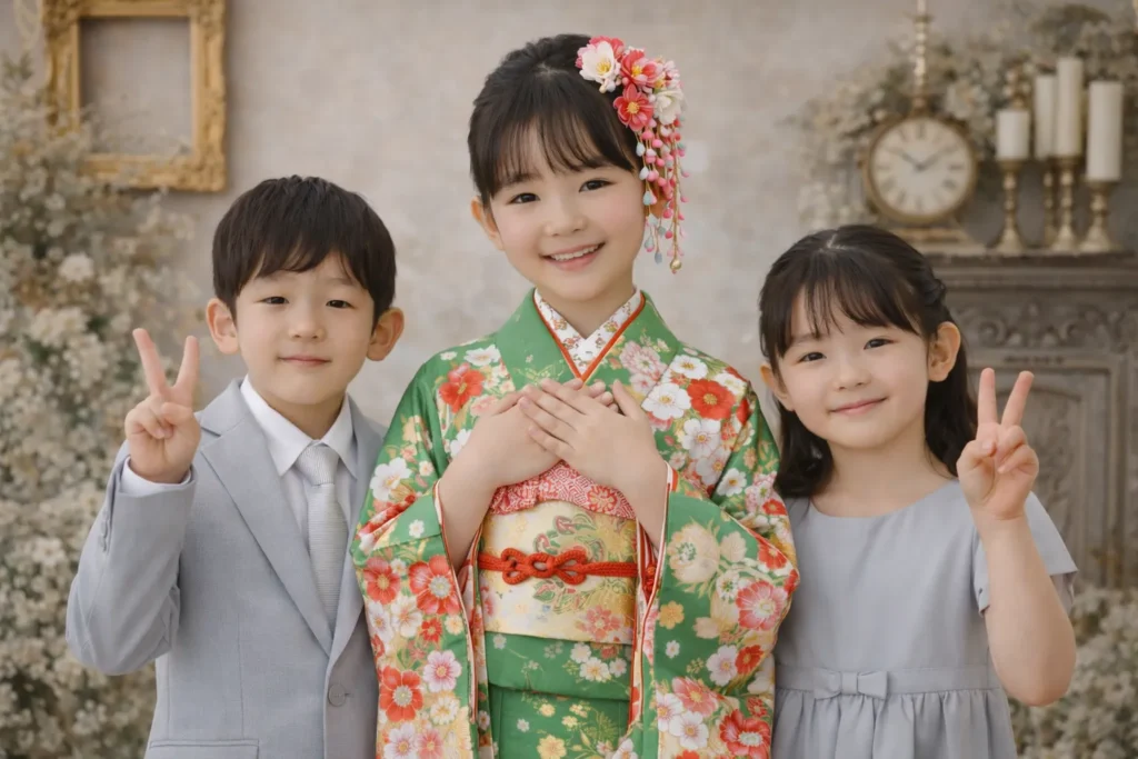 7歳の七五三の主役と兄弟姉妹が並ぶ写真