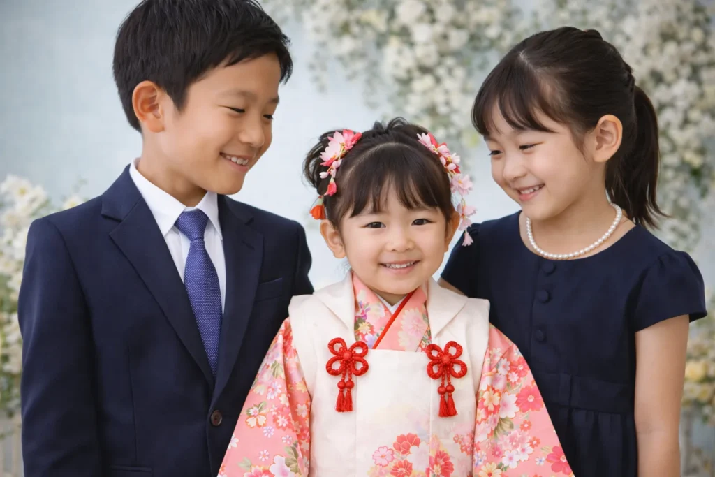 七五三で主役を引き立てる落ち着いた服装の兄弟の写真