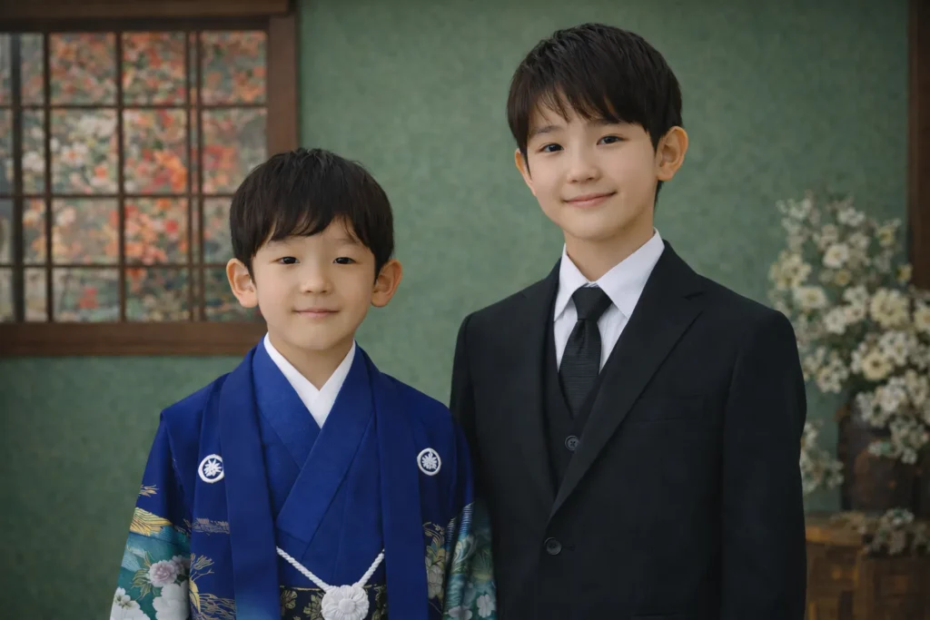 七五三で兄弟が揃ってフォーマルな服装をしている写真