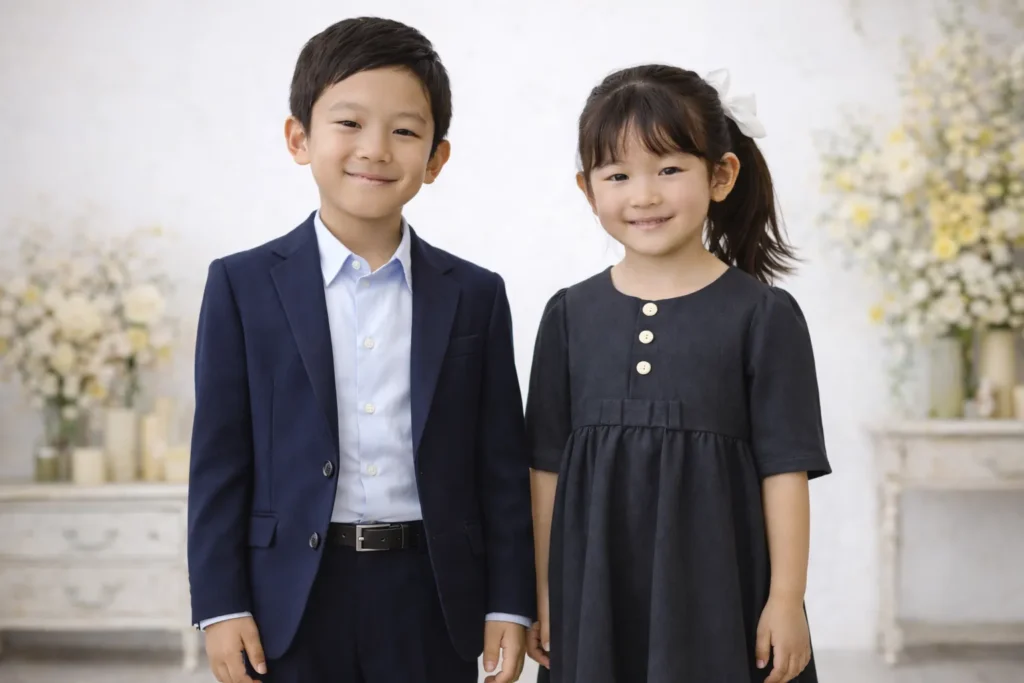 七五三でジャケットやワンピースを着た小学生の兄弟の写真