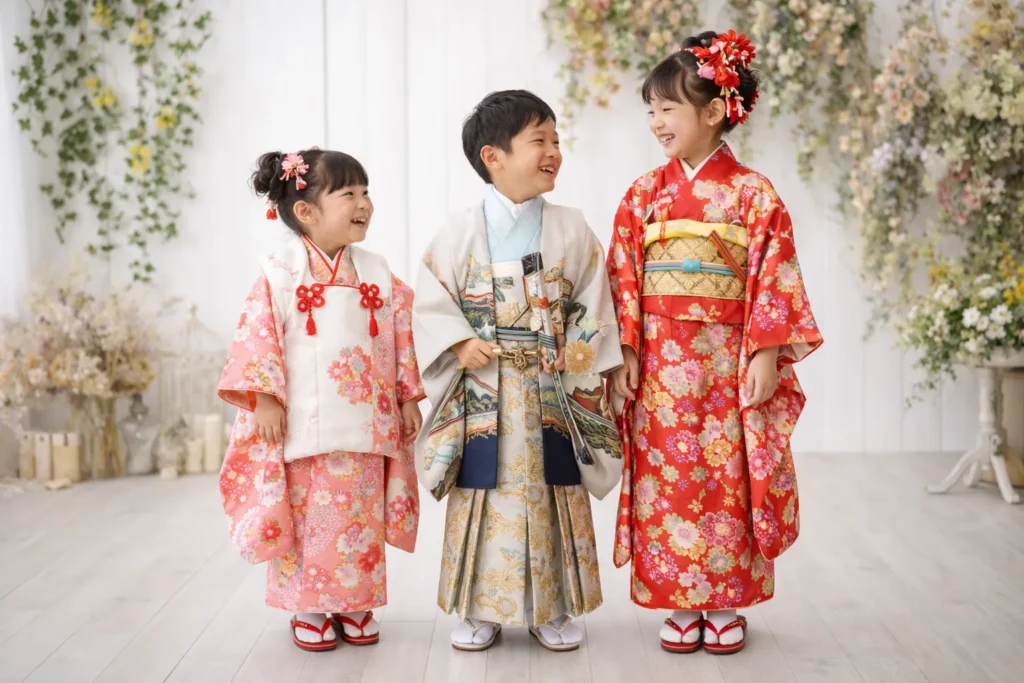 3歳・5歳・7歳それぞれの七五三の主役が着物姿で写る写真