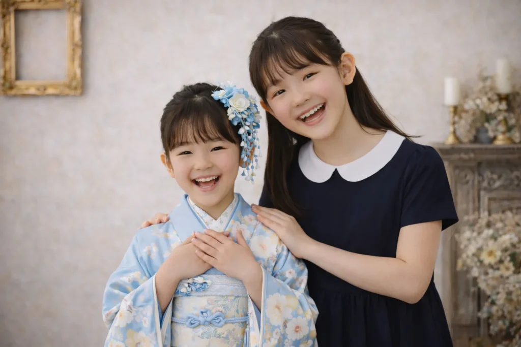 七五三で姉妹が色味をそろえた服装で写る写真