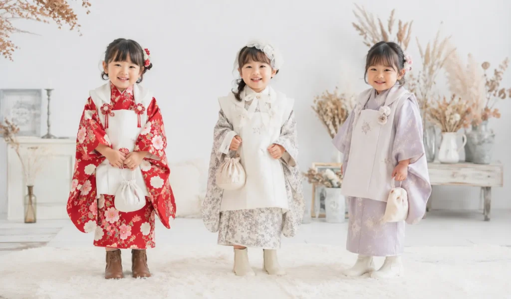 七五三の着物にブーツを合わせた3歳の女の子