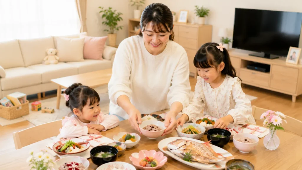 七五三のお祝い準備をする家族