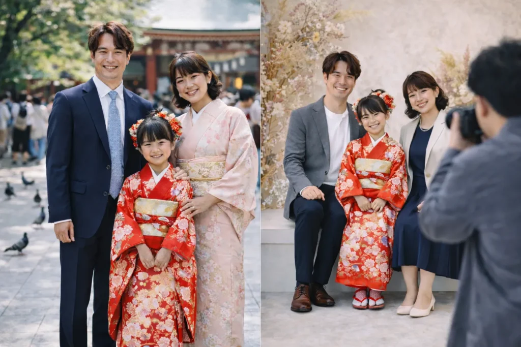 七五三の参拝では紺色スーツと淡いピンクの訪問着で神社に立つ家族と、スタジオ撮影ではグレージャケットと白Tシャツの父親を中心にドライフラワー背景で撮影される家族の比較イメージ