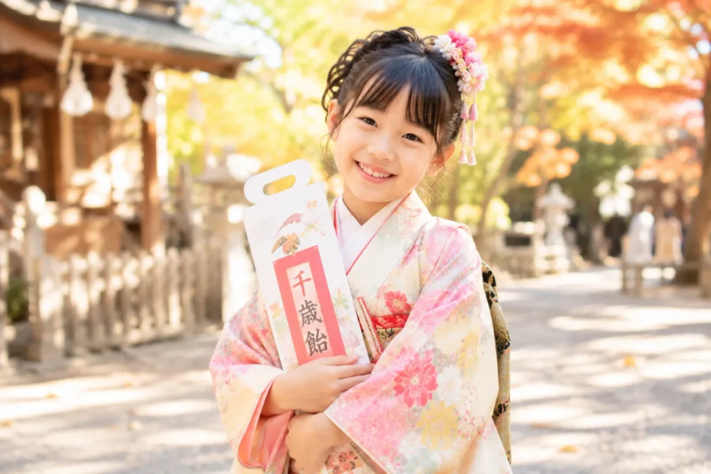 千歳飴を持って笑顔の七五三女の子