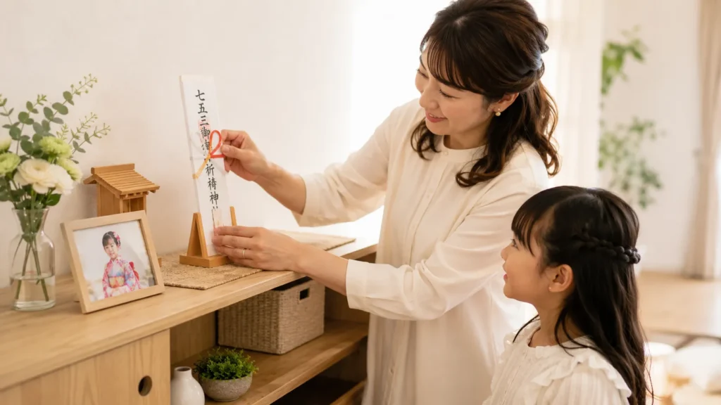 お札を飾る母娘