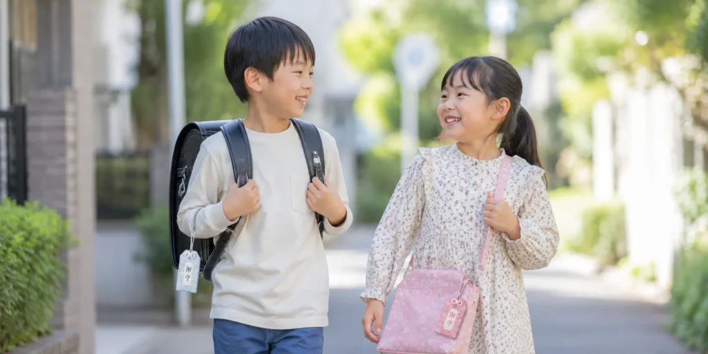 七五三でもらったお守りをランドセルとバッグにつけて登校する兄妹