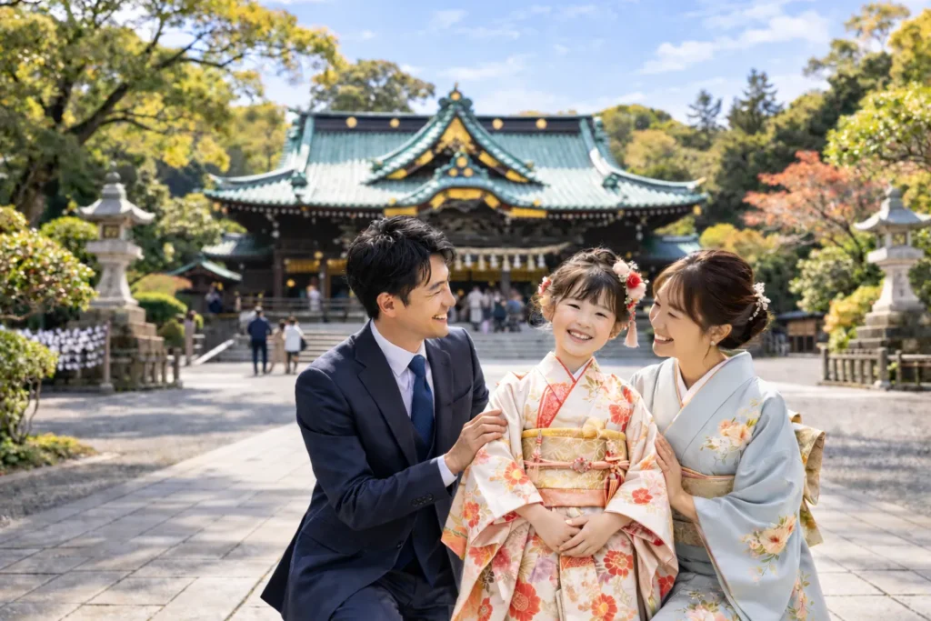 明るい神社で撮影する七五三の家族