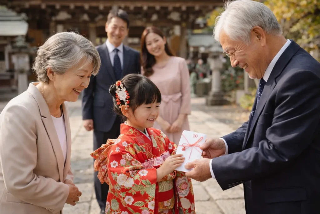 七五三のお祝いを渡す家族の様子