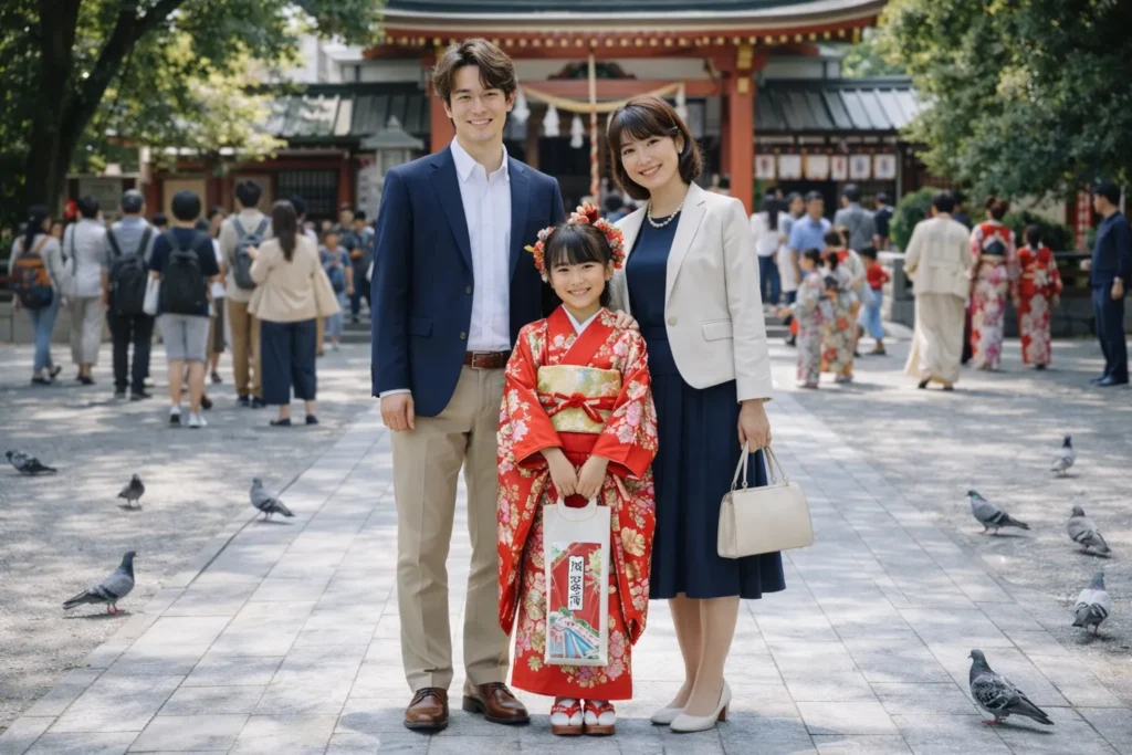 七五三参りで神社の参道に立つ家族写真（ジャケパン姿の父親・紺色ワンピースとアイボリージャケットの母親・赤い着物の7歳女の子、参拝客と鳩がいる正午の境内の様子）