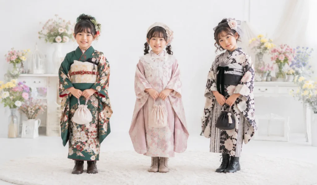 七五三の着物にブーツを合わせた7歳の女の子