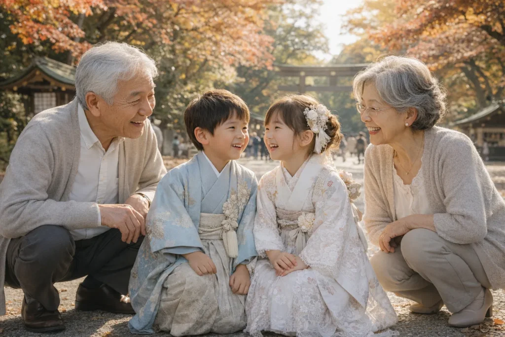 秋の神社で微笑み合う祖父母と七五三の孫