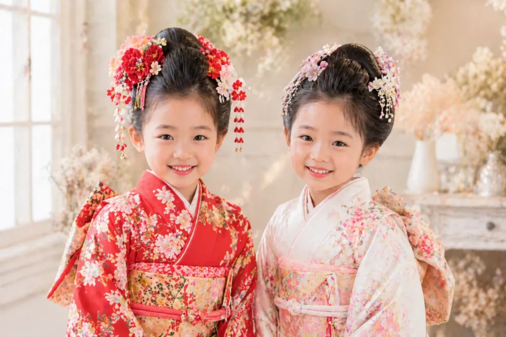 桃割のかんざしアレンジする双子の女の子