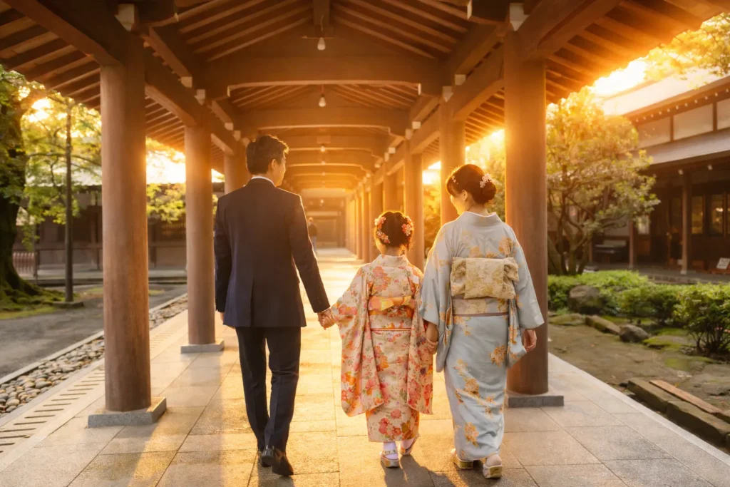 参拝を終えて帰る七五三家族