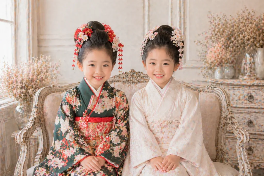 桃割が似合う古典柄着物とモダン着物の女の子