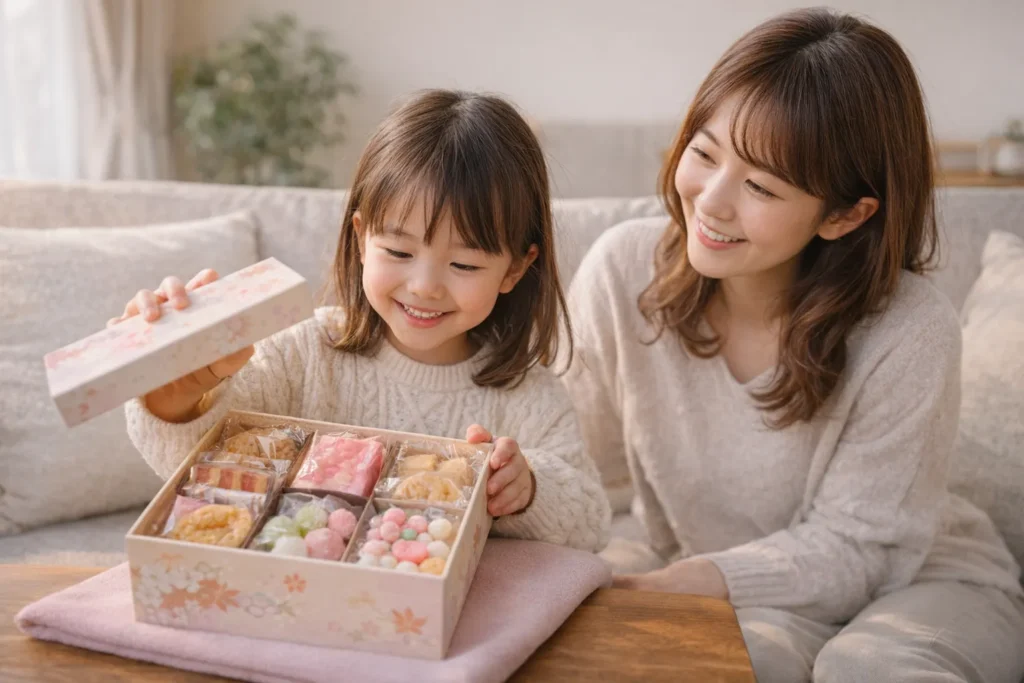 七五三のお祝いのお菓子を見る親子