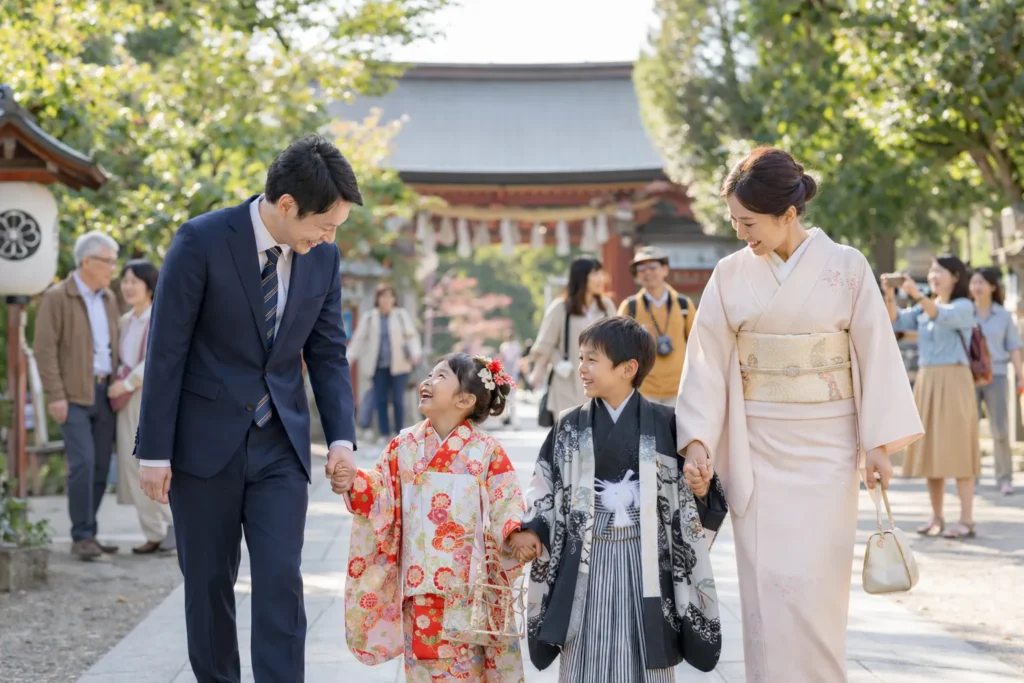 七五三のお参りを家族で笑顔で過ごす様子