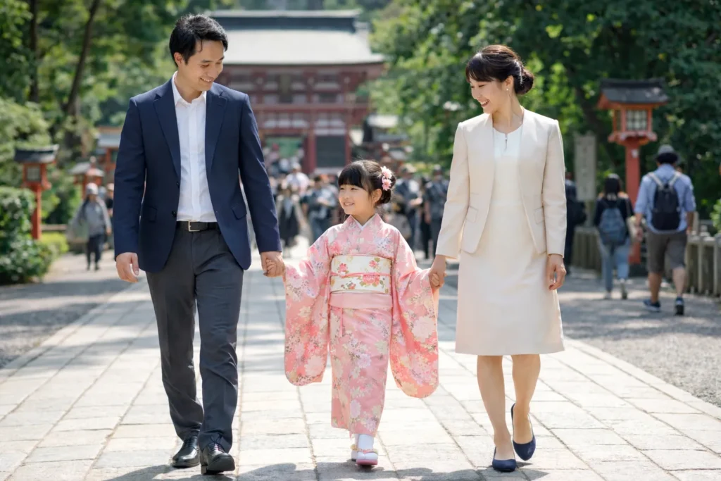 七五三でジャケットスタイルの父親と7歳の女の子と母親が神社の参道を歩く家族の様子