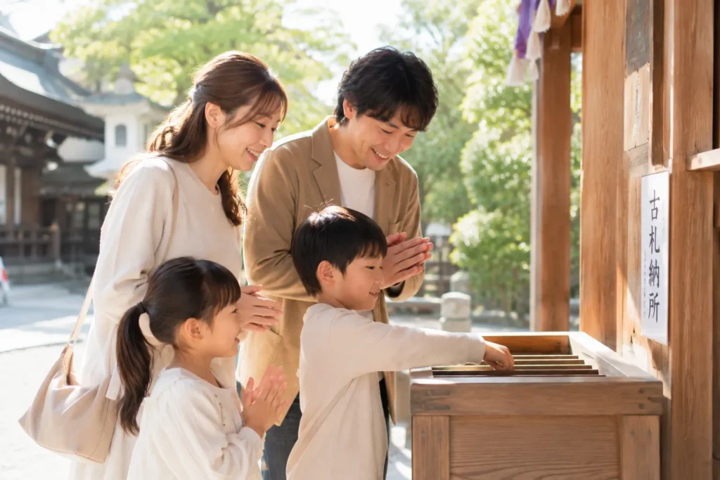お正月に古札納所へ七五三のお守りを返納して感謝を伝える家族