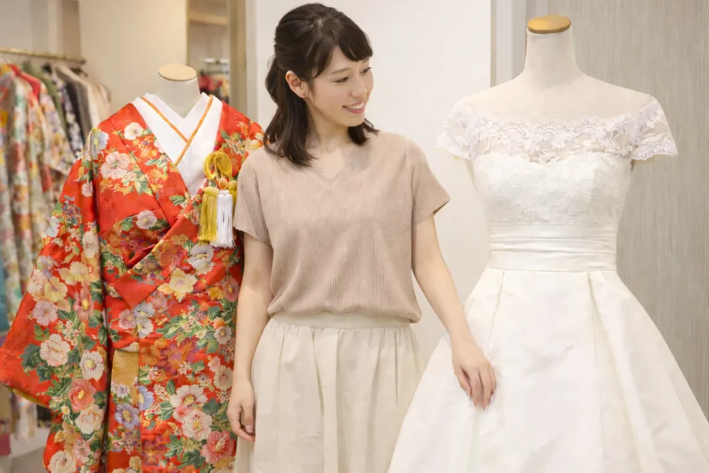 フォトウエディングの衣装比較をする女性