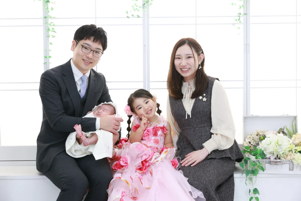 七五三 家族写真 洋装 ドレス おしゃれ スタジオ撮影