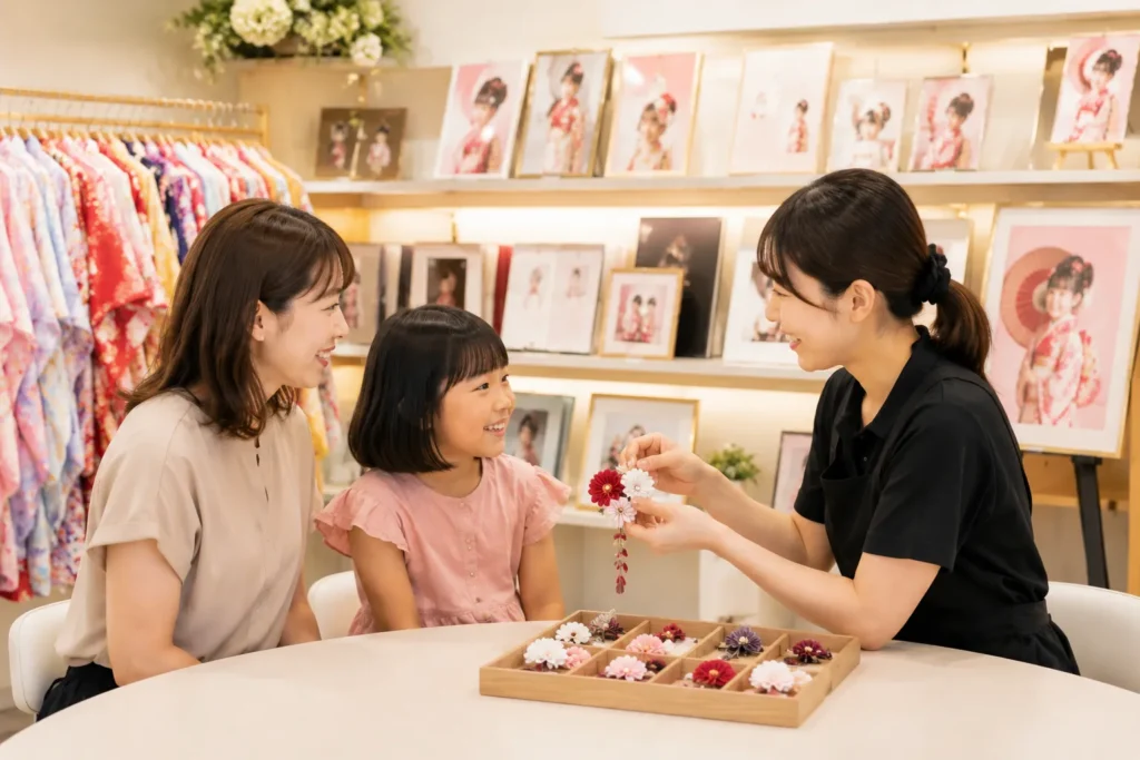 ボブヘアの七五三ヘアセットについて相談する母親と7歳の女の子