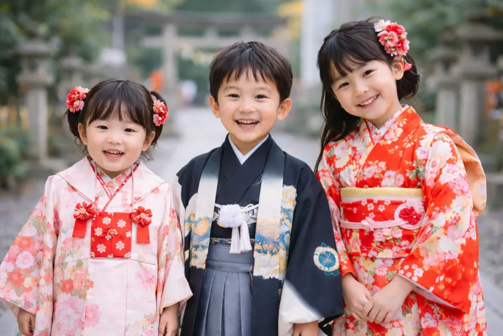七五三のお参りで写真撮影をしている晴れ着姿の子ども