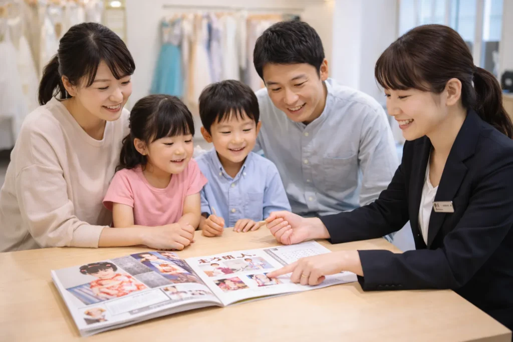 七五三の準備を家族で相談している様子