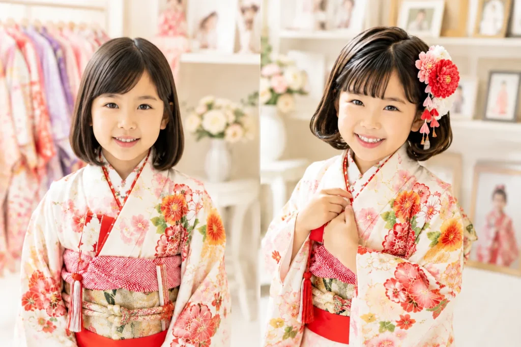 ボブヘアをセットした七五三の女の子
