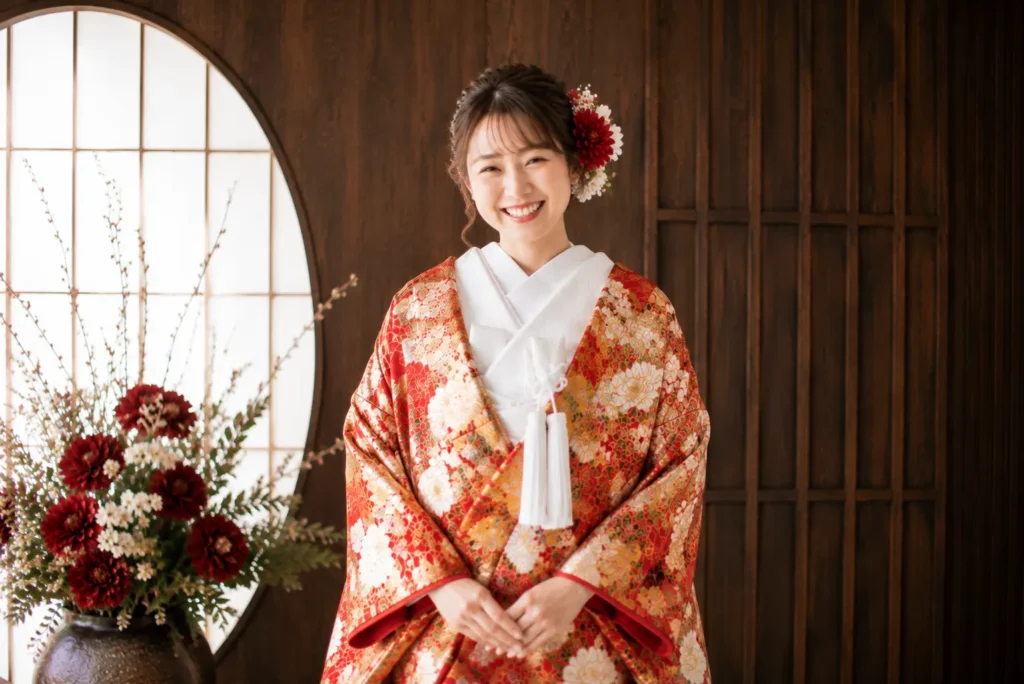赤い色打掛で撮影した華やかな和装フォトウエディング