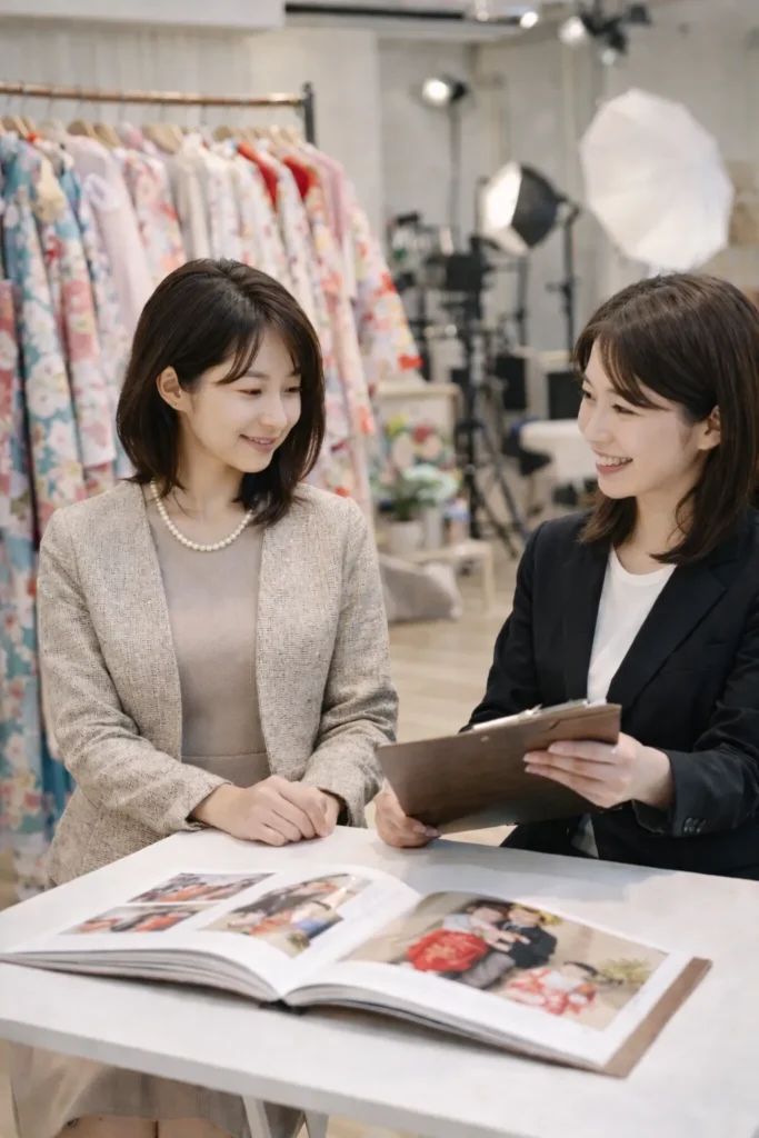 スタジオで七五三の相談をしている母親とスタッフの様子