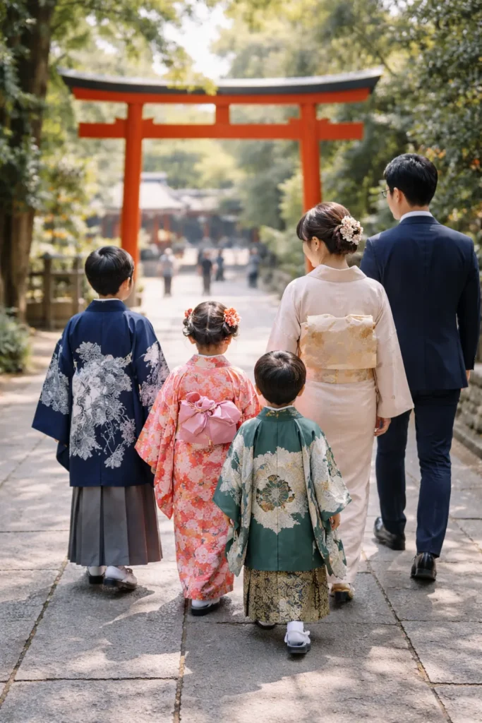 兄弟姉妹で七五三のお参りをする家族の様子