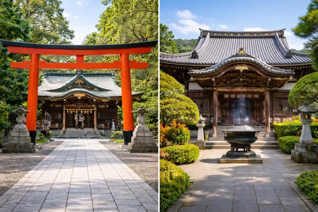 神社とお寺の外観をそれぞれイメージした写真