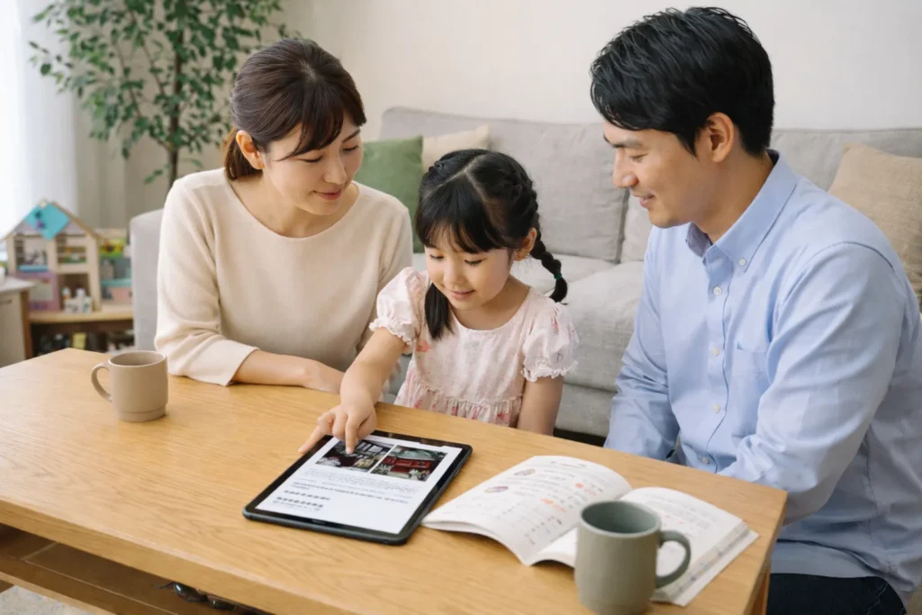 七五三の神社選びについて家族で話し合っている様子（自宅のリビング）