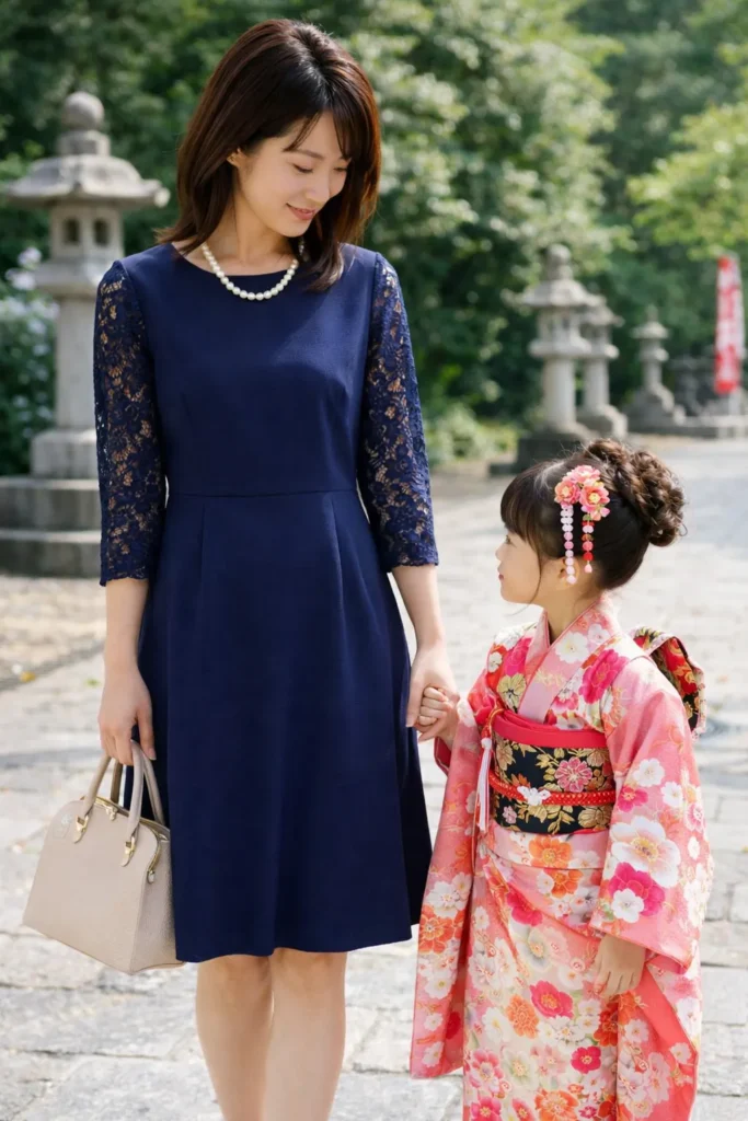 七五三のお参りで神社の境内を歩く家族の様子