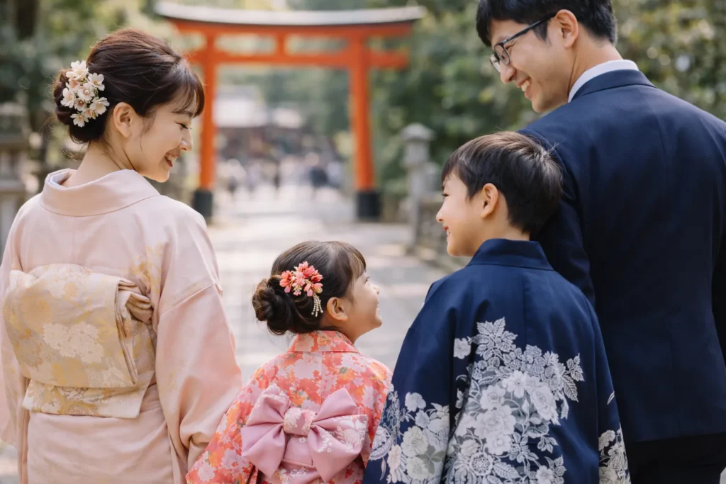 七五三のお参りに向かう家族の後ろ姿