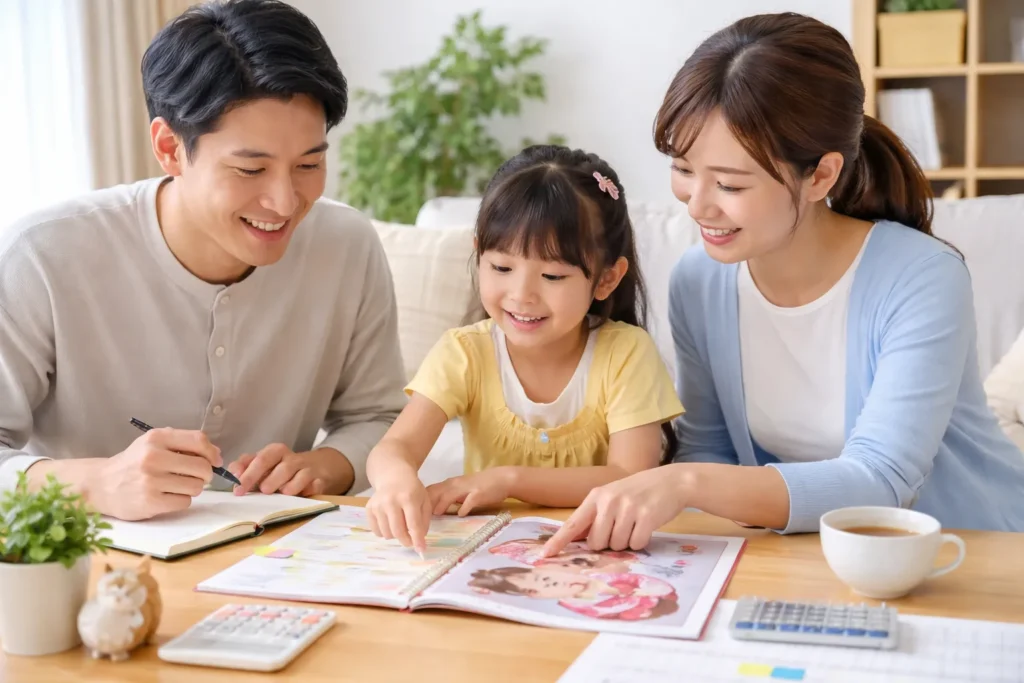 七五三で前撮りと後撮りを迷っている家族のイメージ写真