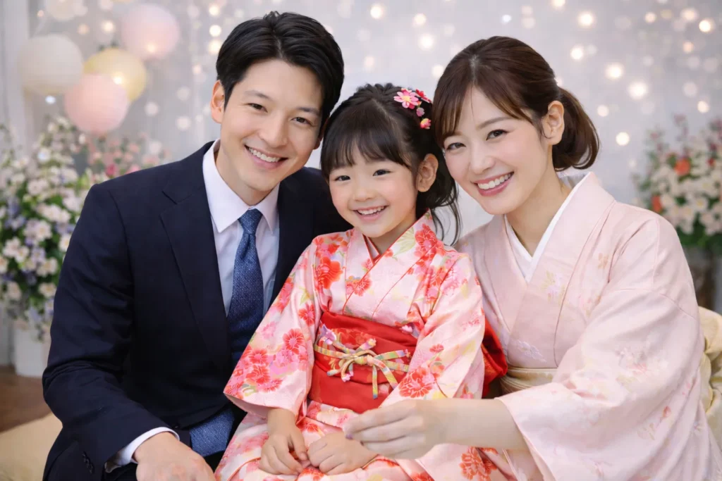 七五三の記念写真を家族で楽しむ自然な雰囲気の写真