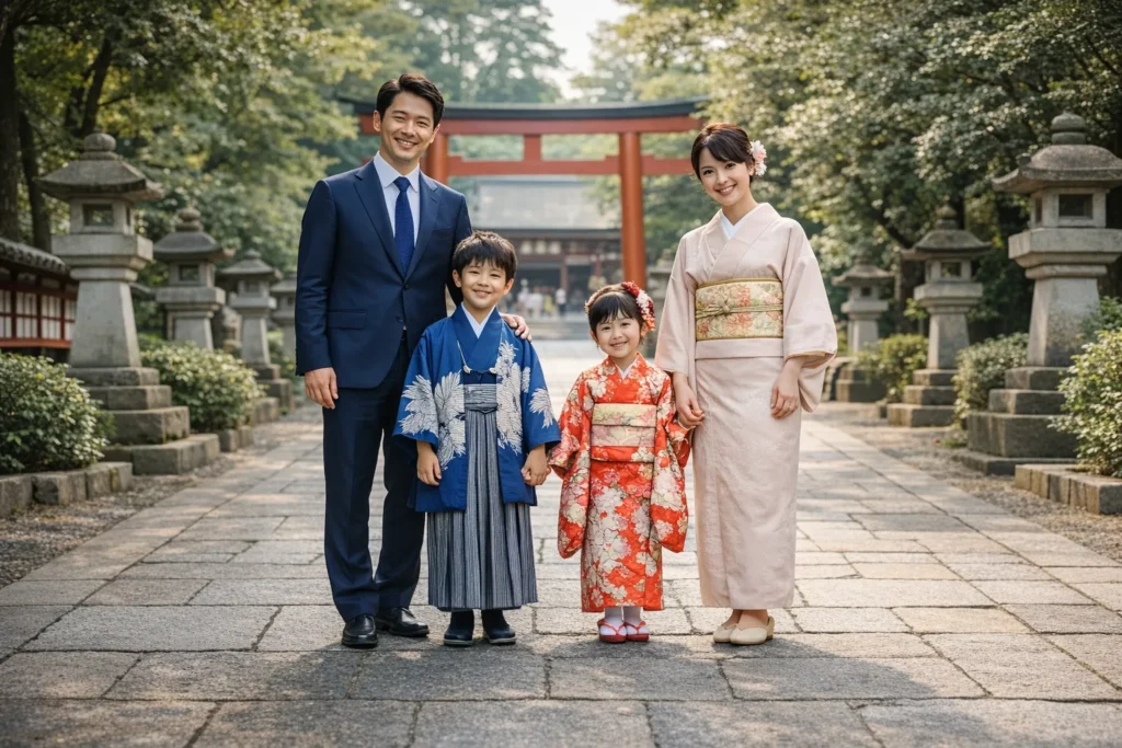 七五三の家族写真で母親が上品な服装をしているイメージ