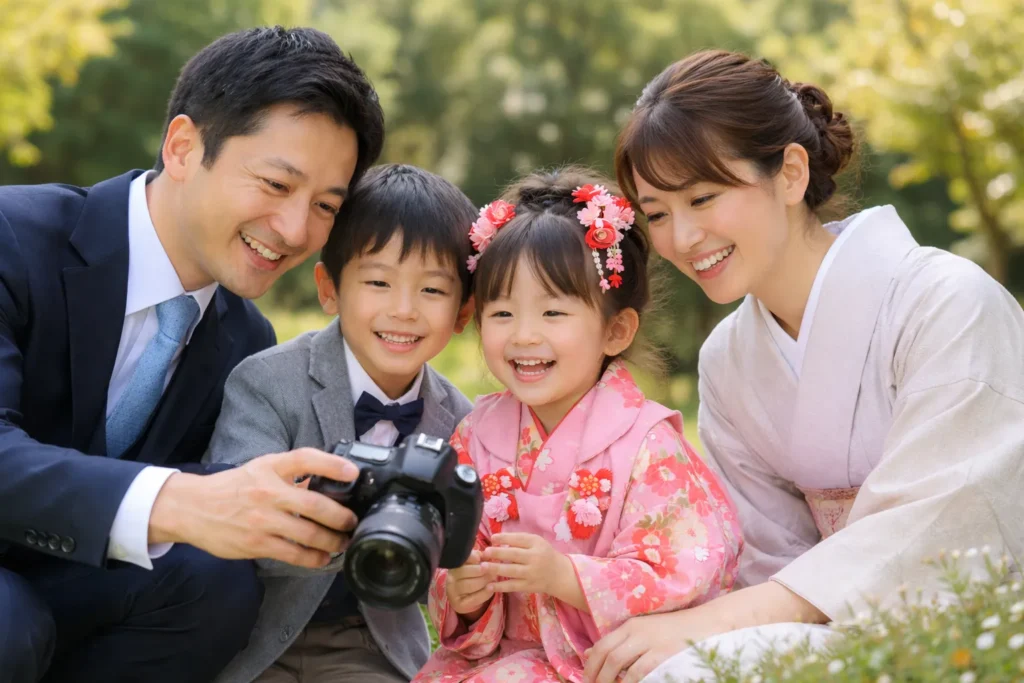 七五三の記念写真を家族で見返している様子