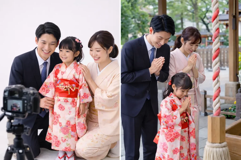 七五三のお参りと写真撮影を別日に行う家族の様子