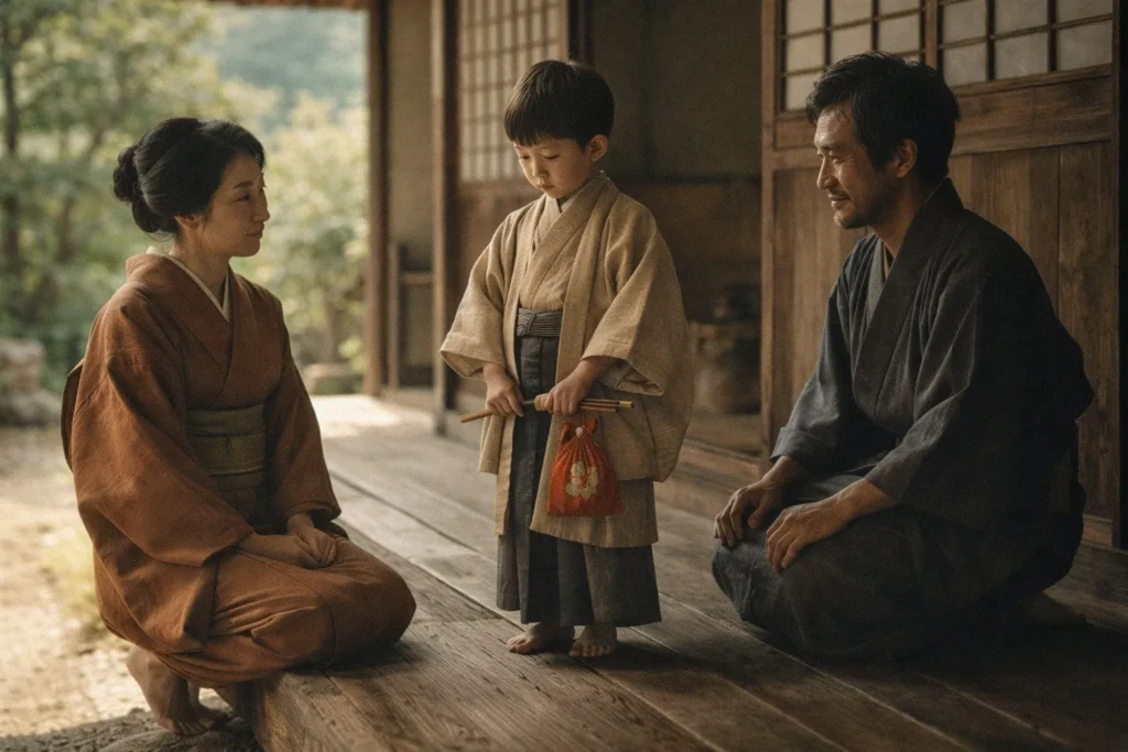 七五三の由来をイメージした、昔の日本で子どもの成長を祝う様子