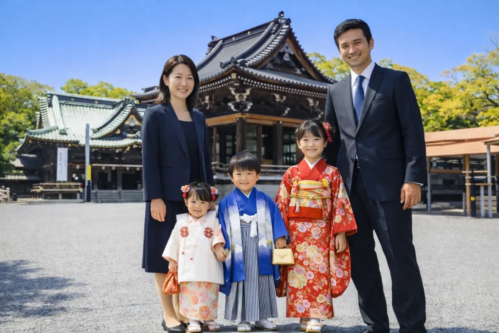 秋の神社で七五三のお参りをする家族の様子