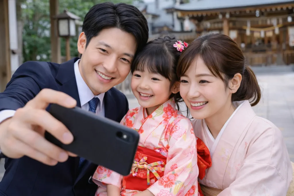 七五三のお参り後に落ち着いて撮影する家族写真