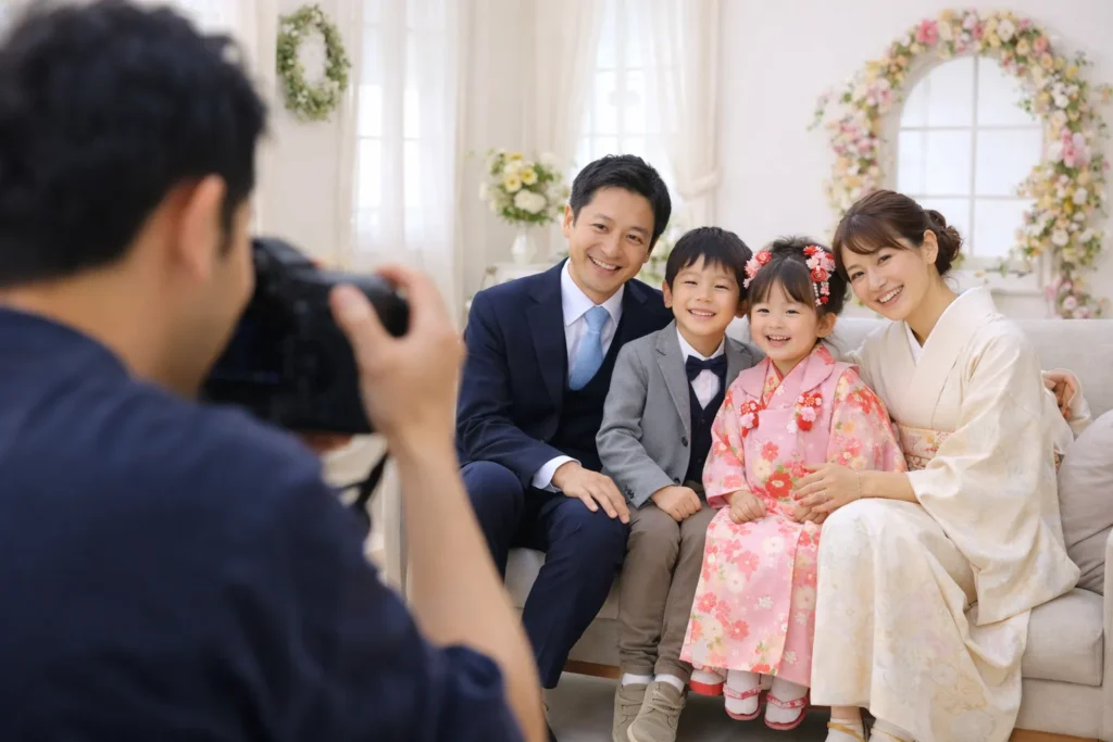 家族がリラックスした雰囲気で写る記念写真