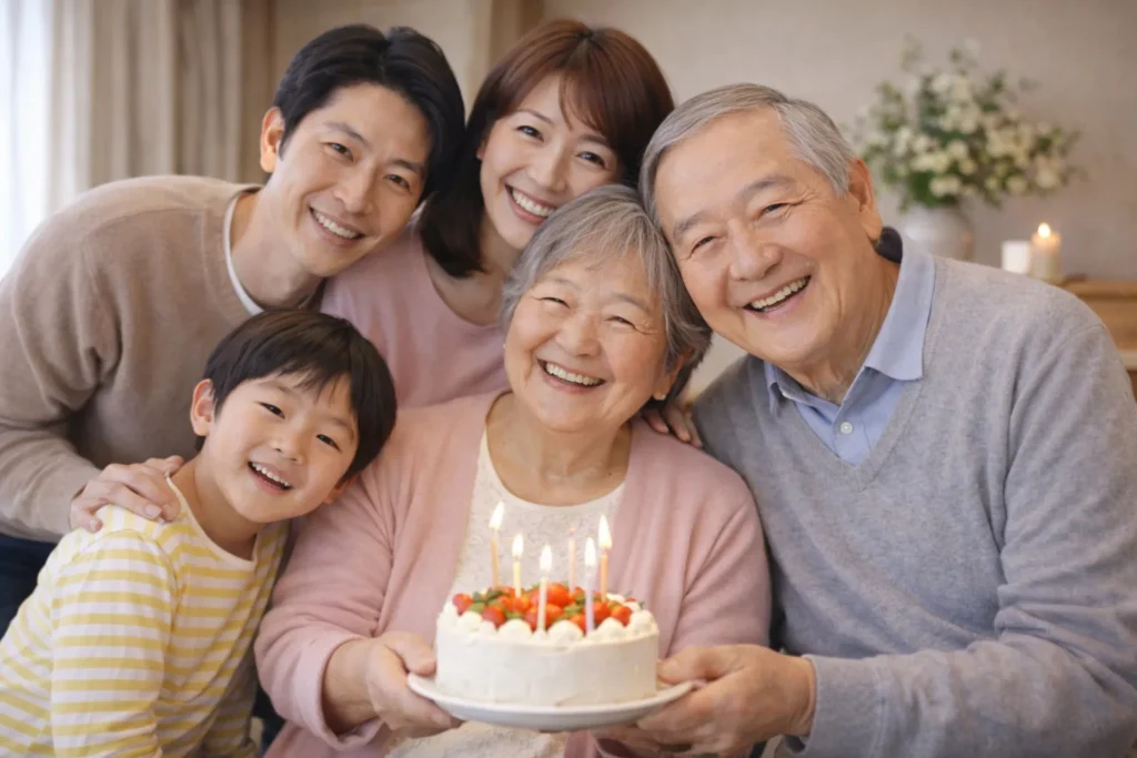 3世代で集まる家族の写真